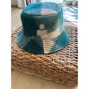 Isabel Marant HALEY Bucket Hat Green Beige Check Embroidered Wool Blend Size 56
